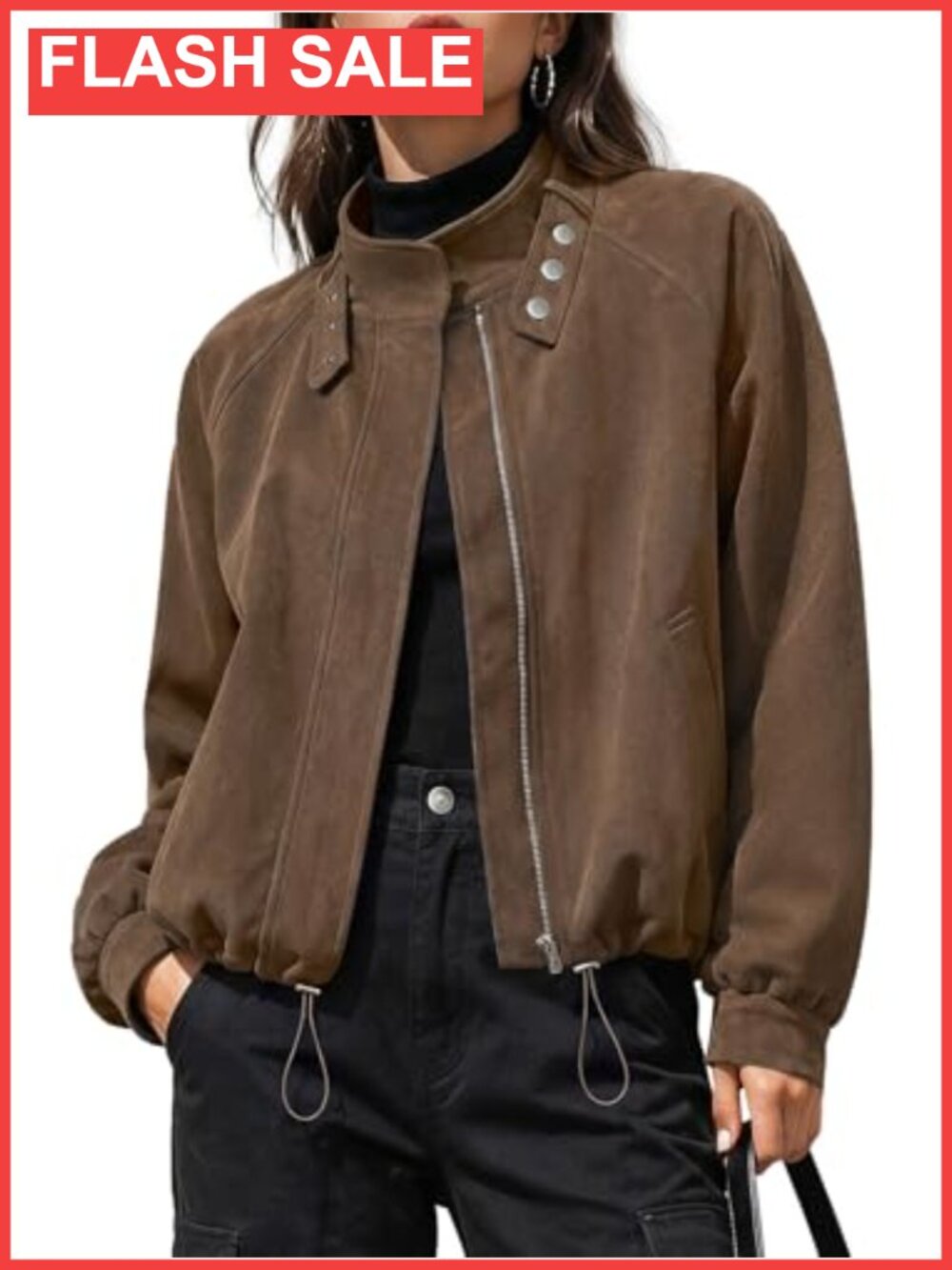 Women's Faux Suede Bomber Jacket Stand Collar Cropped Shacket Zip Up